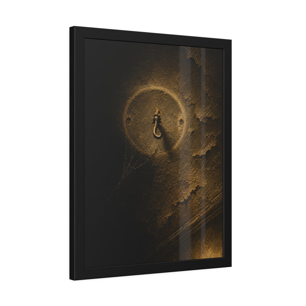 A small empty hook on a cracked ceiling, lit from one side. The Hook Without a Burden by Garabaggio, framed fine art print hanging in a room.
