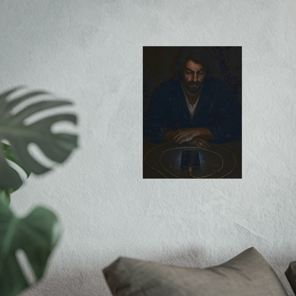 A bearded man at a table watching a phone charging inside a coiled cable. The Vigil of the Charging Cord by Garabaggio, fine art print hanging in a room.