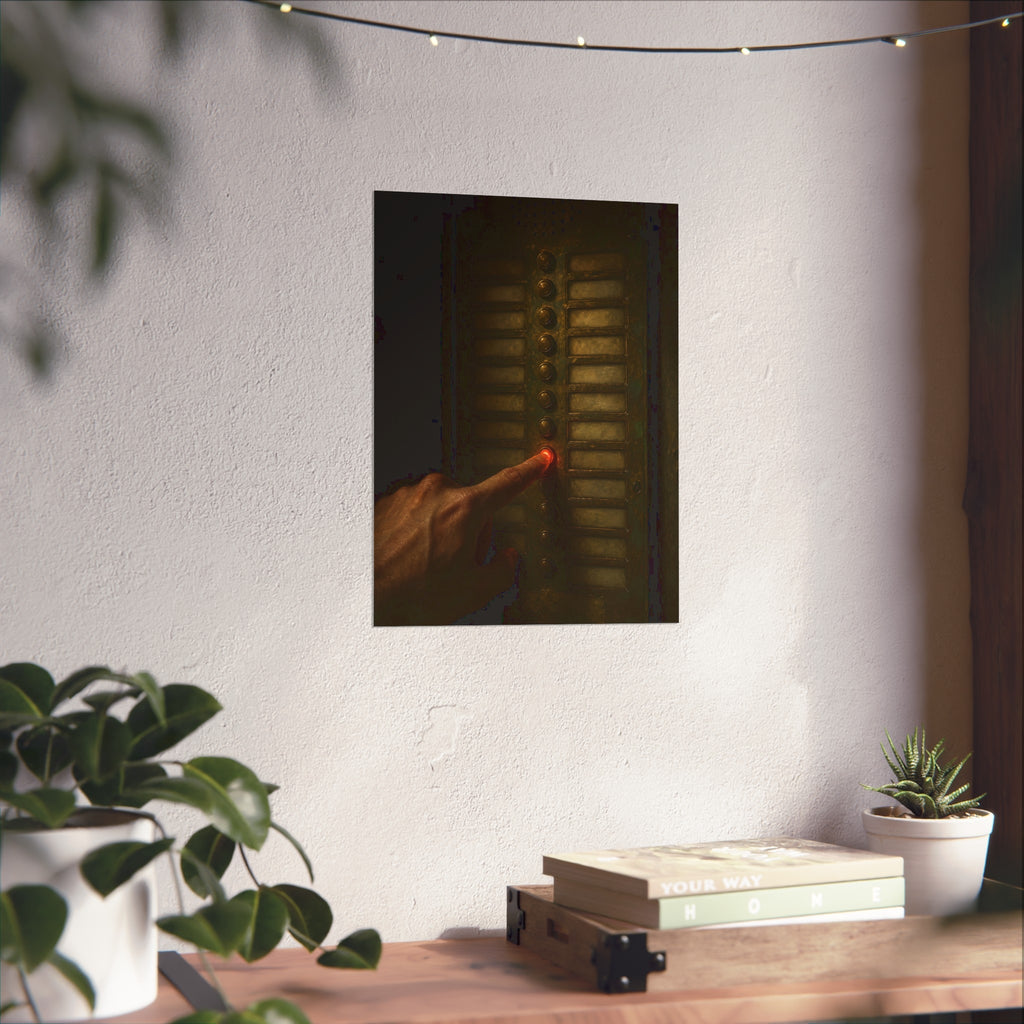 A hand pressing one glowing red button on a worn intercom panel. The Finger at Midnight by Garabaggio, fine art print hanging in a room.