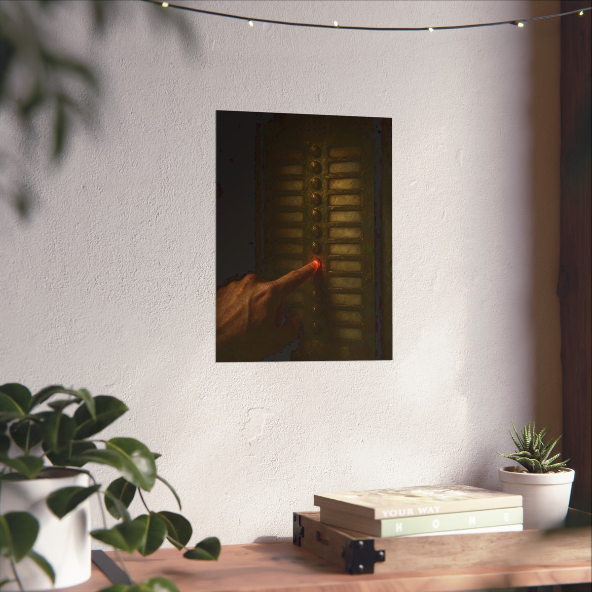 A hand pressing one glowing red button on a worn intercom panel. The Finger at Midnight by Garabaggio, fine art print hanging in a room.