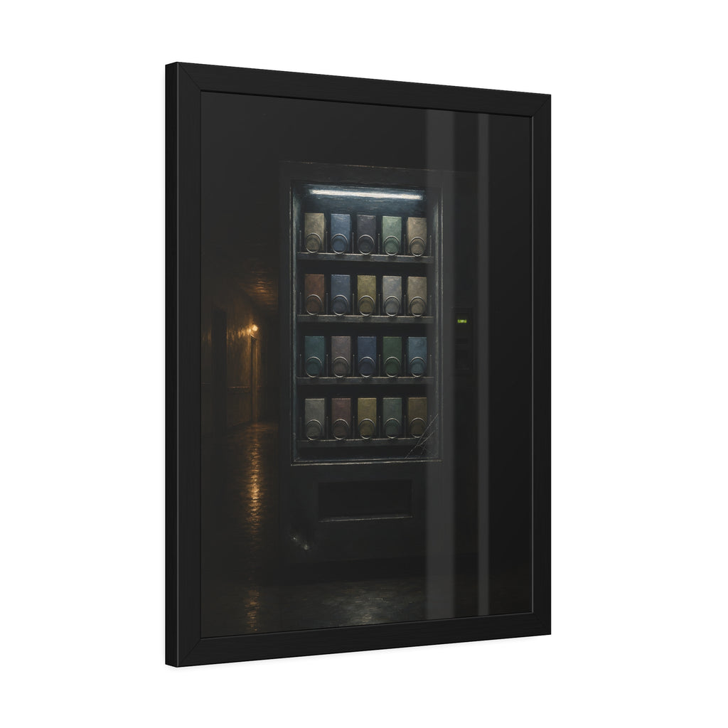 A fully stocked lit vending machine at the end of a dark corridor. The Full Grid at Closing by Garabaggio, framed fine art print hanging in a room.