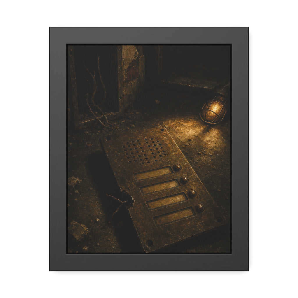 An intercom panel face up on a floor, wires cut, lit by a work lamp. The Plate Taken Down by Garabaggio, framed fine art print, 11″ x 14″.
