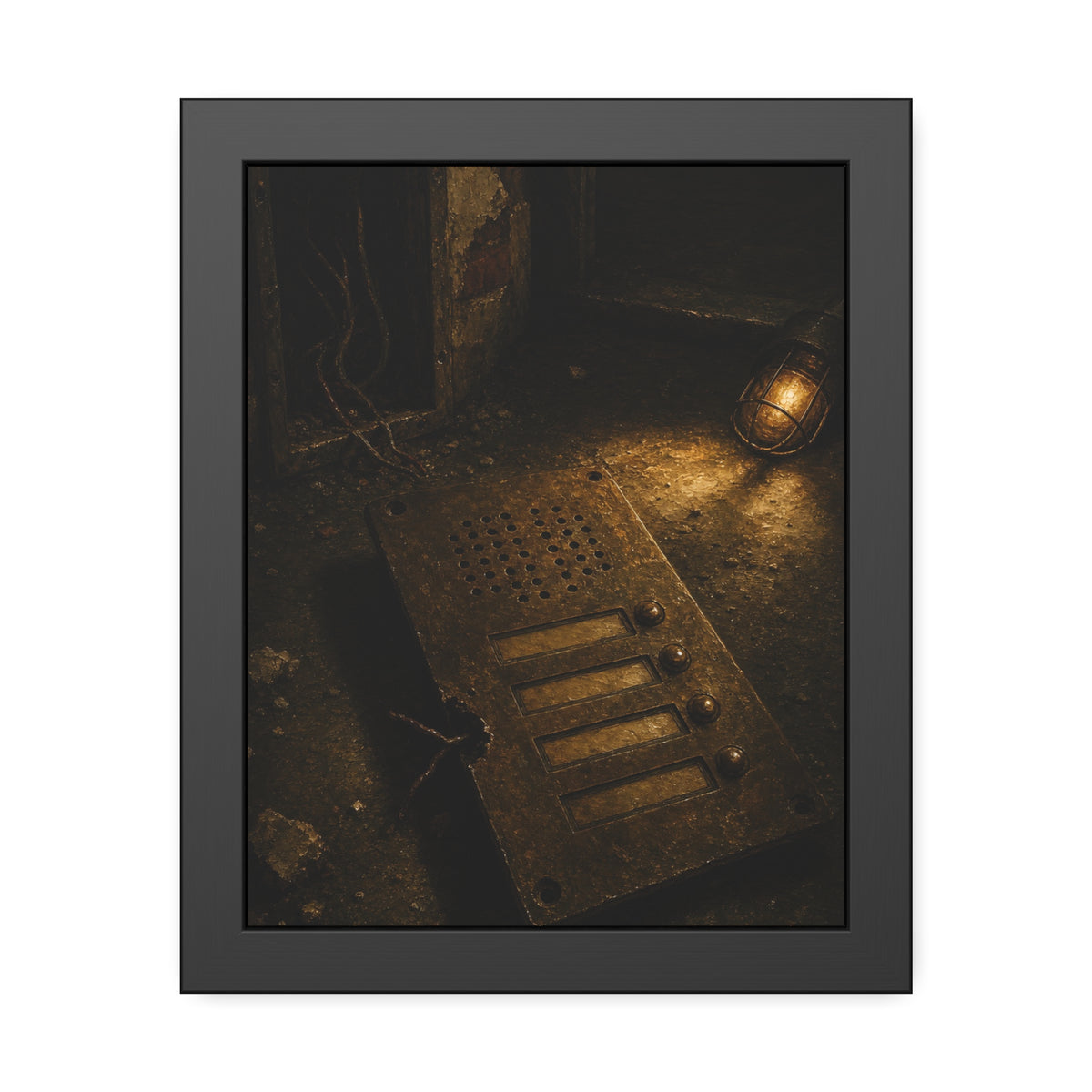 An intercom panel face up on a floor, wires cut, lit by a work lamp. The Plate Taken Down by Garabaggio, framed fine art print, 11″ x 14″.