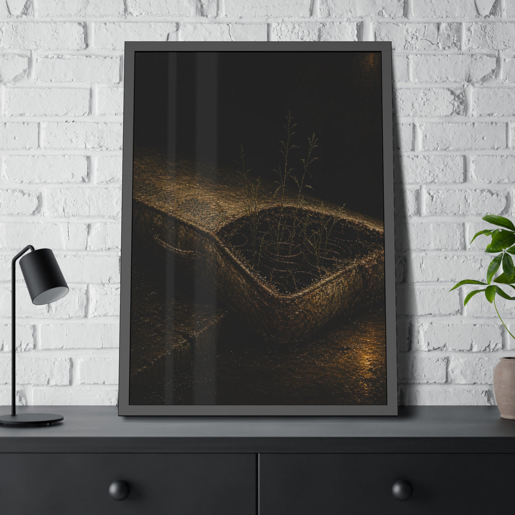 Weeds growing through a torn mattress left at a wet curb at night. The Rooting of Weeds by Garabaggio, framed fine art print hanging in a room.