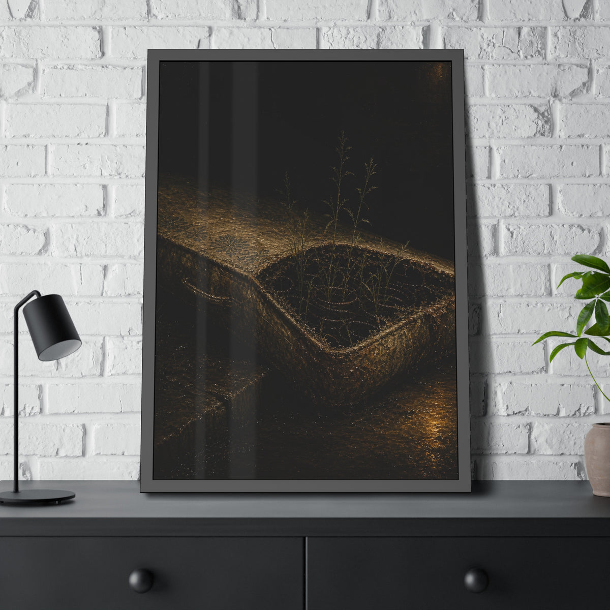 Weeds growing through a torn mattress left at a wet curb at night. The Rooting of Weeds by Garabaggio, framed fine art print hanging in a room.