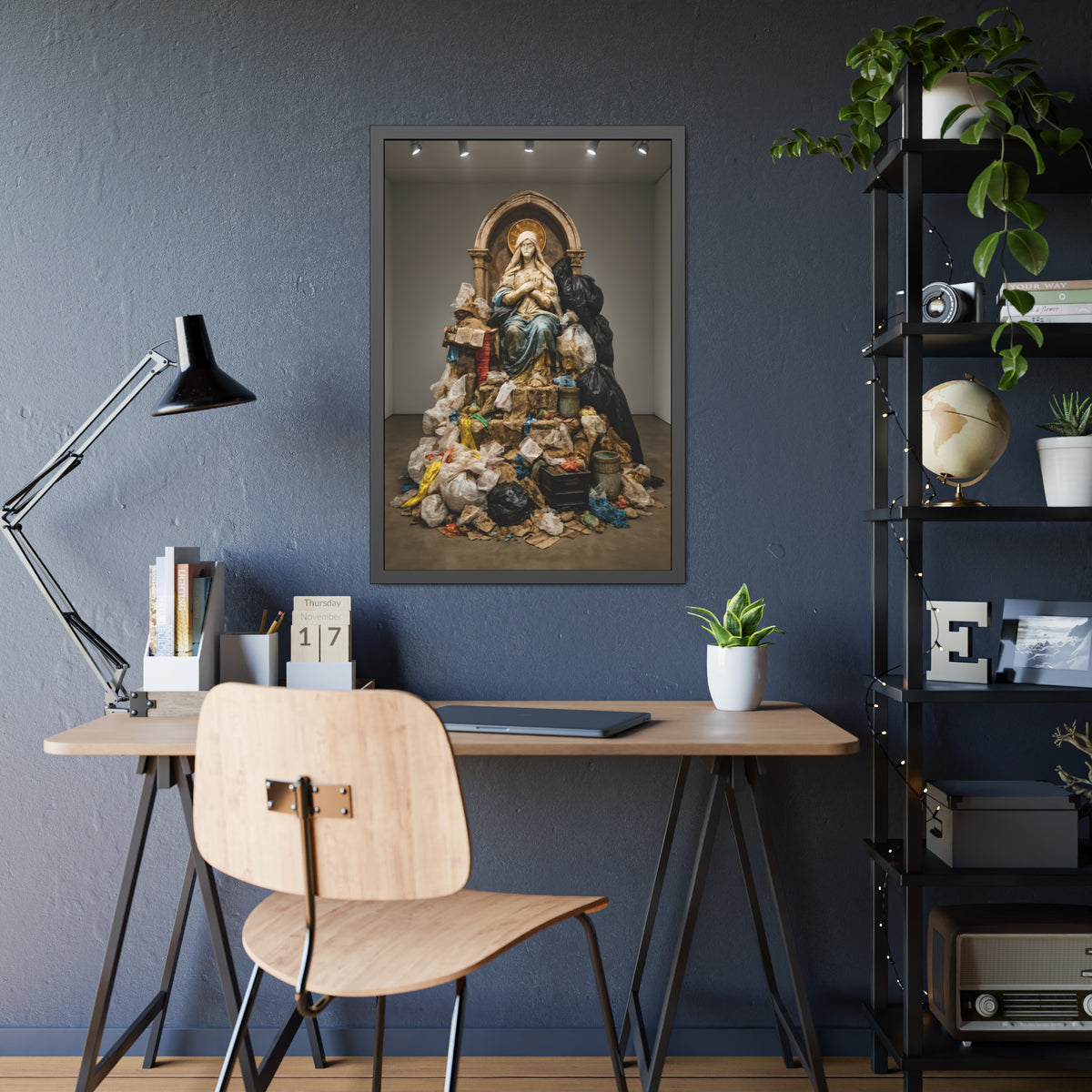 A robed statue on a mound of garbage bags in a gallery. The Immaculate Collection by Garabaggio, framed fine art print hanging in a room.