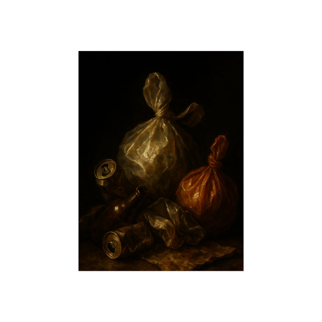 Two knotted plastic bags and crushed cans on a dark table. The Knotted Offering by Garabaggio, fine art print, 12″ x 16″.