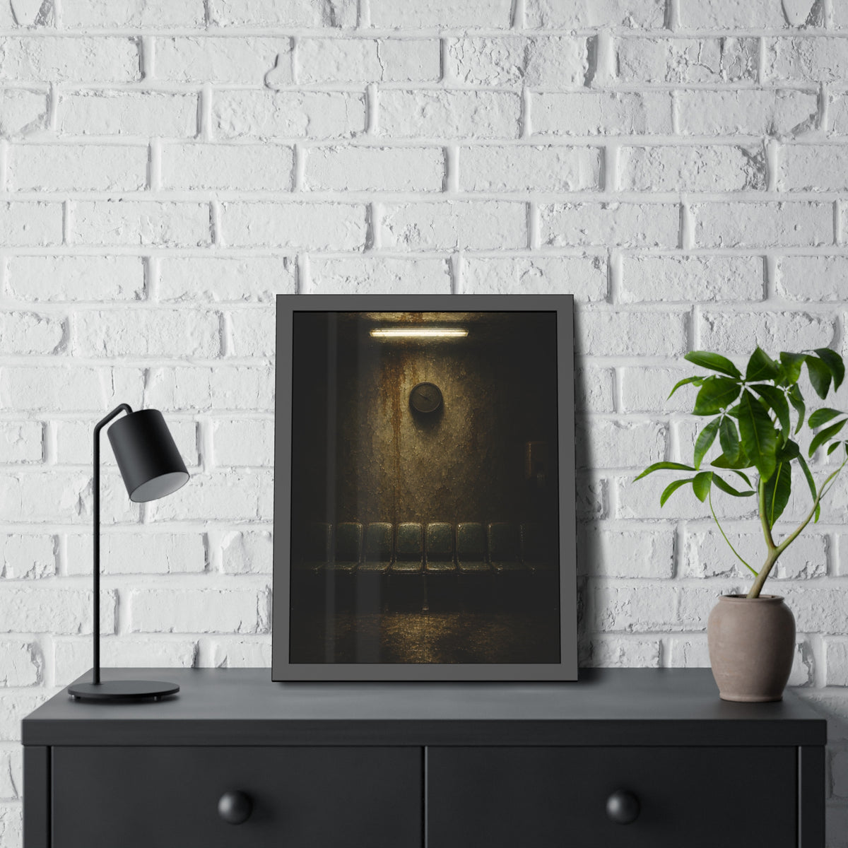 Empty waiting room seats below a stained wall clock and a strip light. Afternoon Without Movement by Garabaggio, framed fine art print hanging in a room.