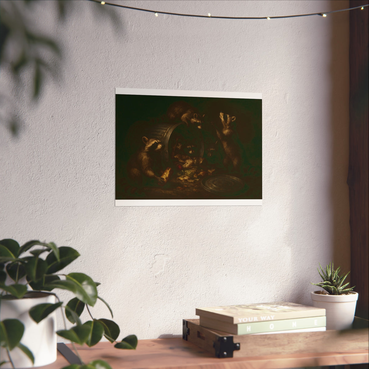 Raccoons around a tipped metal trash can, scattering food scraps. The Vigil of the Midnight Feast by Garabaggio, fine art print hanging in a room.