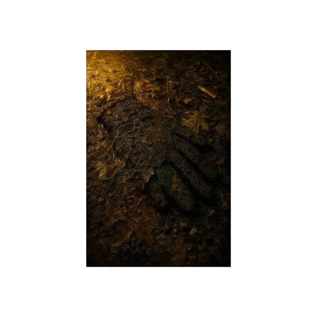 Wet mud and pressed oak leaves with a green scrap barely showing. The Reliquary of Mud and Leaf by Garabaggio, fine art print hanging in a room.