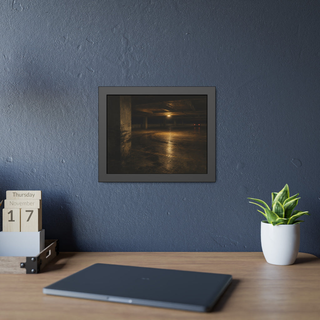An empty concrete parking deck lit by one ceiling lamp, tail lights beyond. The Parking Garage, Level 4 by Garabaggio, framed fine art print hanging in a room.