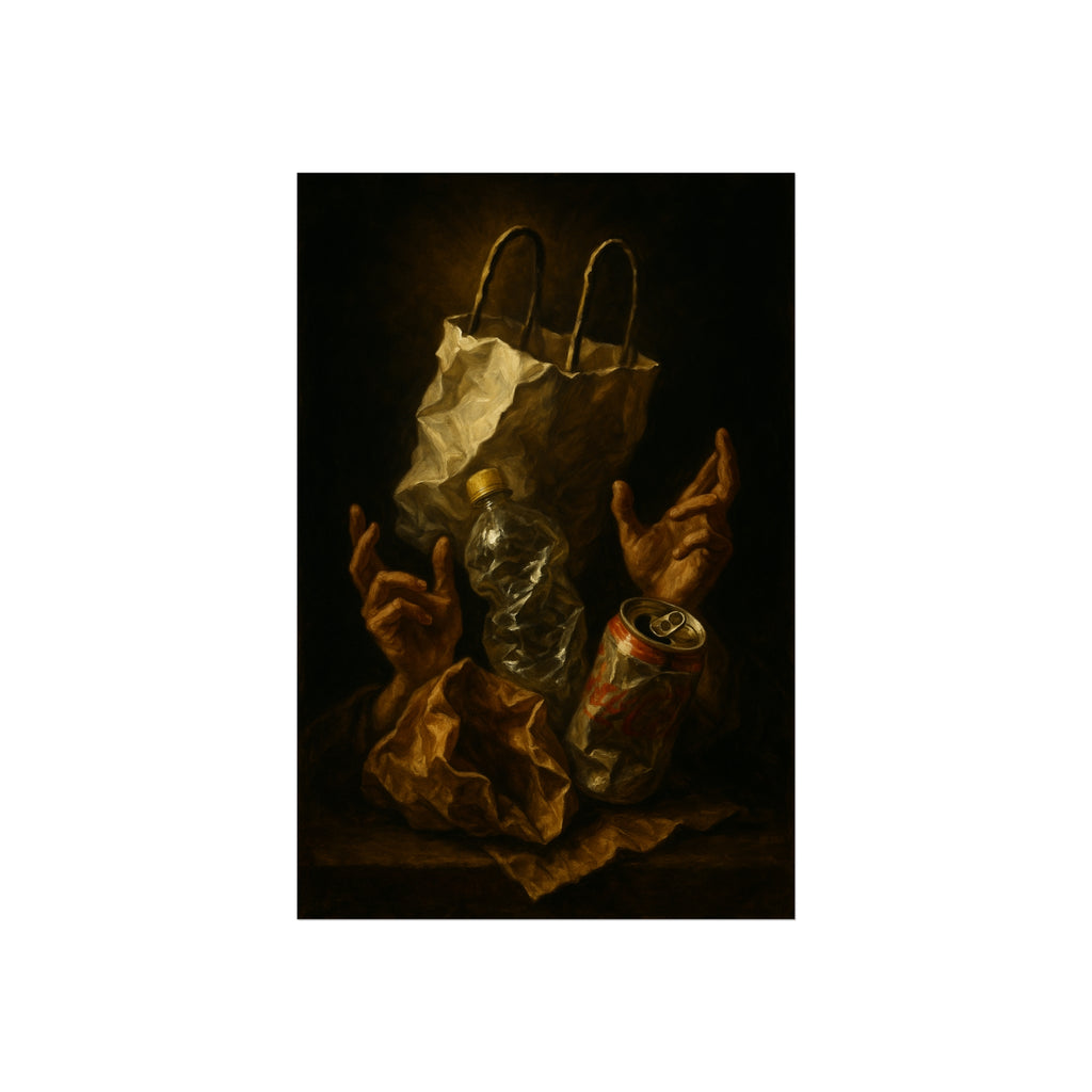 Two hands raised beside a paper bag, crushed bottle and dented can. The Assumption of the Discarded by Garabaggio, fine art print hanging in a room.