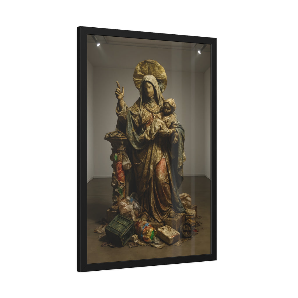 A standing veiled figure holding a child, refuse piled around the base. The Virgin of the Landfill by Garabaggio, framed fine art print hanging in a room.