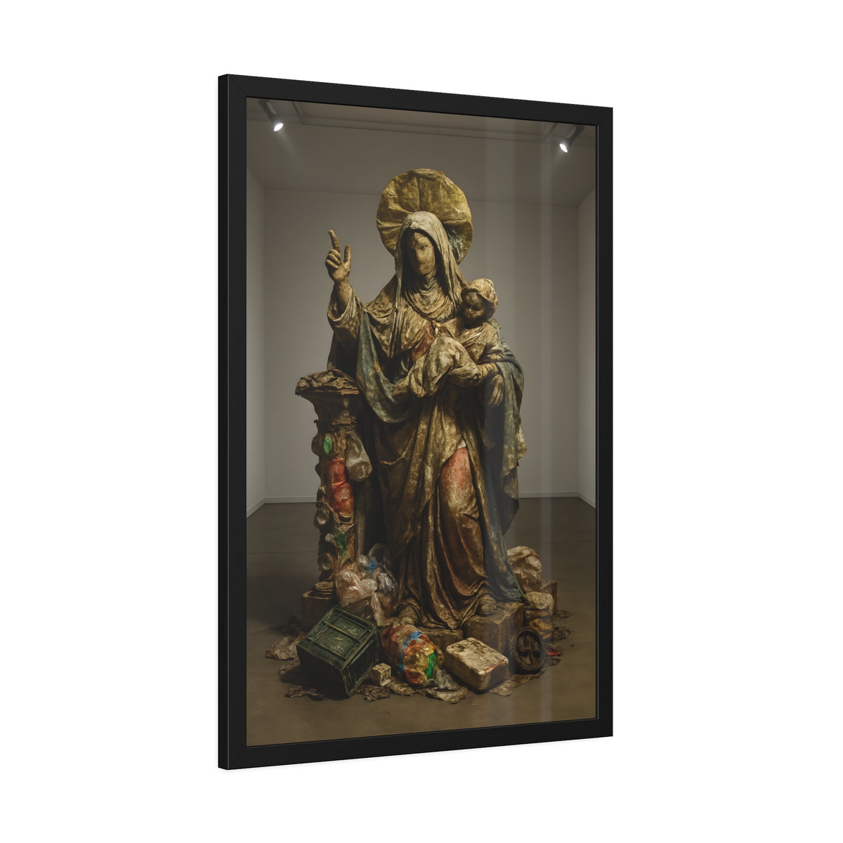 A standing veiled figure holding a child, refuse piled around the base. The Virgin of the Landfill by Garabaggio, framed fine art print hanging in a room.