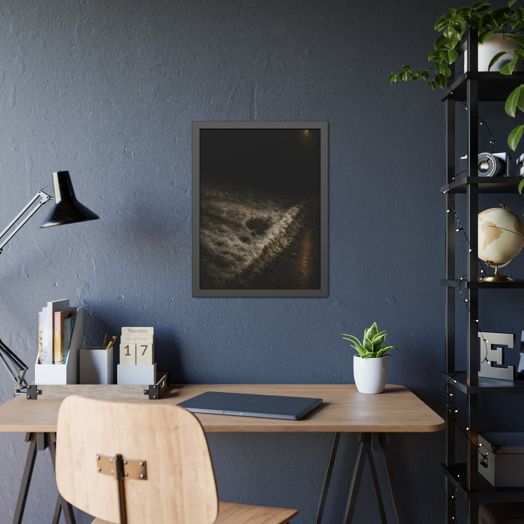 A discarded mattress half buried in snow, a distant streetlight behind. The White Burial by Garabaggio, framed fine art print hanging in a room.