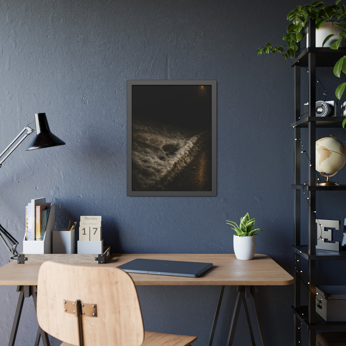A discarded mattress half buried in snow, a distant streetlight behind. The White Burial by Garabaggio, framed fine art print hanging in a room.
