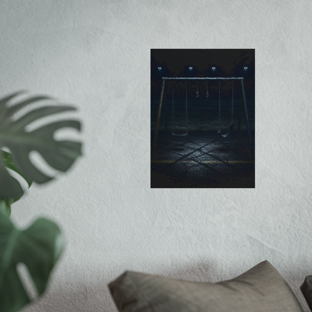 An empty swing set with frost on its crossbar under floodlights. Midnight: The Frost on the Crossbar by Garabaggio, fine art print hanging in a room.