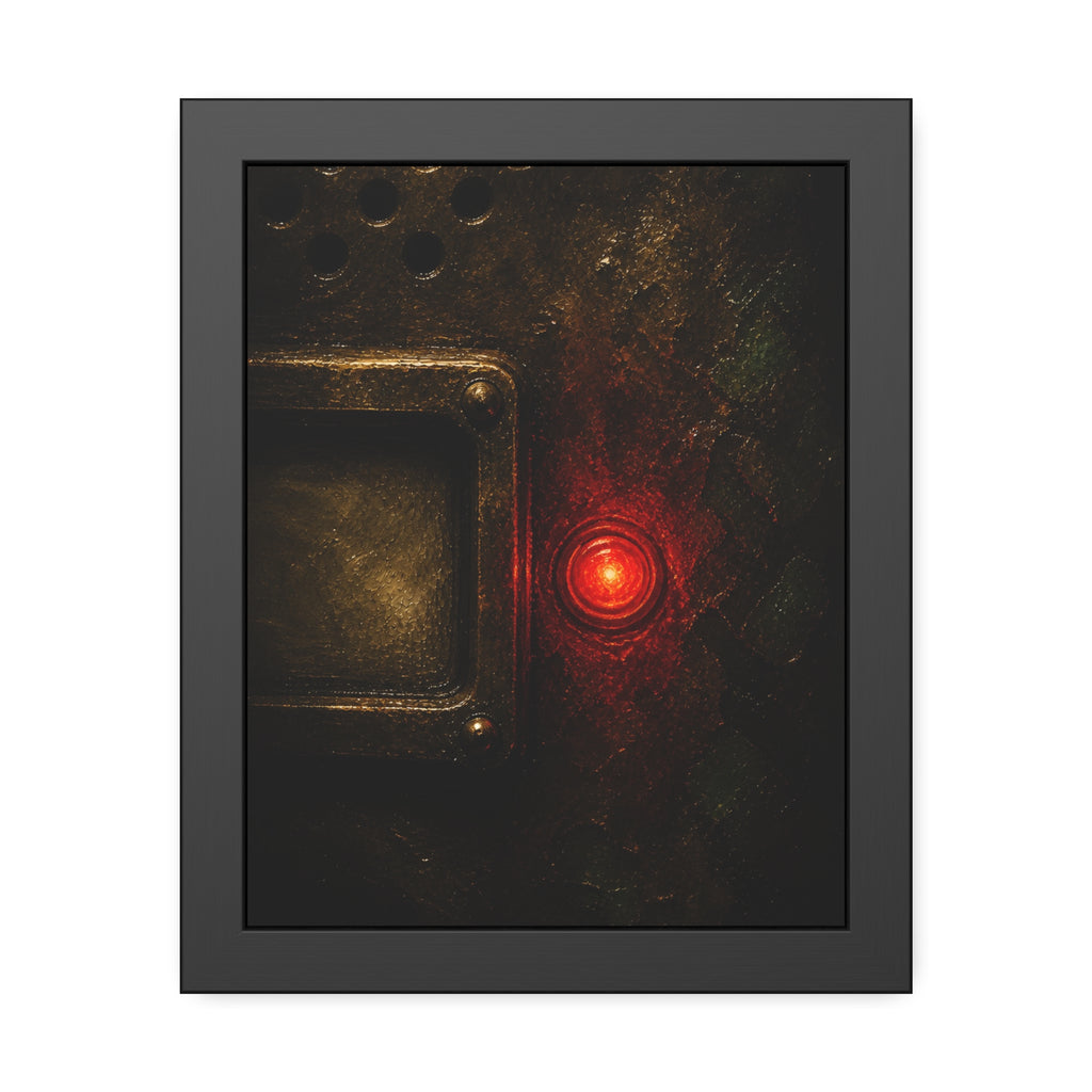 Close view of an intercom panel with one red button glowing in the dark. The Stuck Red Light by Garabaggio, framed fine art print, 11″ x 14″.