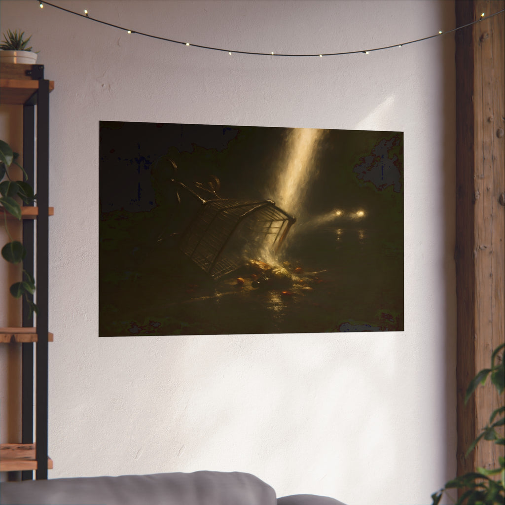 A tipped shopping cart spilling groceries in a shaft of light. The Conversion of the Shopping Cart by Garabaggio, fine art print hanging in a room.