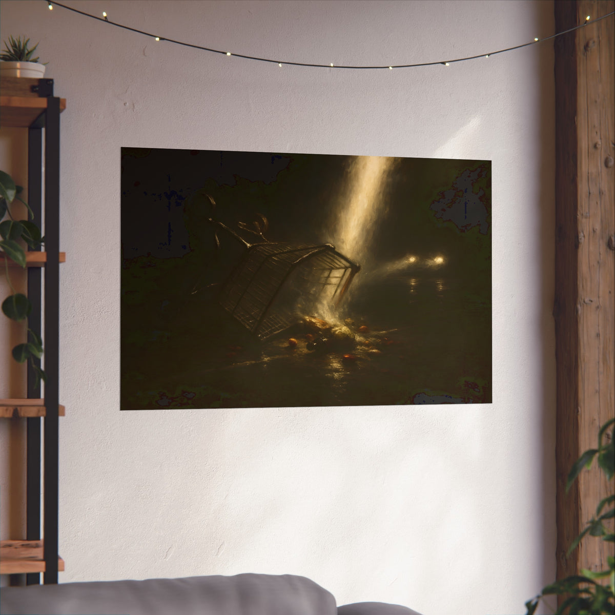 A tipped shopping cart spilling groceries in a shaft of light. The Conversion of the Shopping Cart by Garabaggio, fine art print hanging in a room.