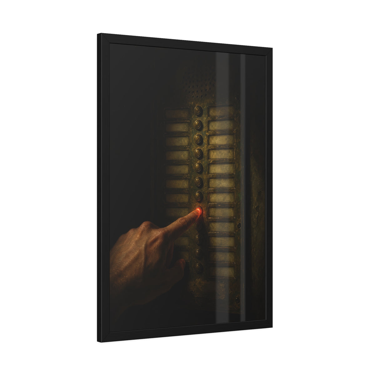 A hand pressing one glowing red button on a worn intercom panel. The Finger at Midnight by Garabaggio, framed fine art print hanging in a room.