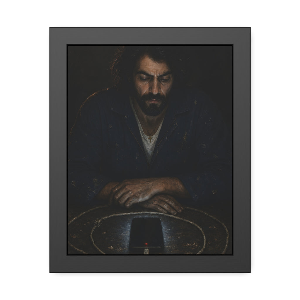 A bearded man at a table watching a phone charging inside a coiled cable. The Vigil of the Charging Cord by Garabaggio, framed fine art print, 11″ x 14″.
