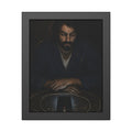 A bearded man at a table watching a phone charging inside a coiled cable. The Vigil of the Charging Cord by Garabaggio, framed fine art print, 11″ x 14″.