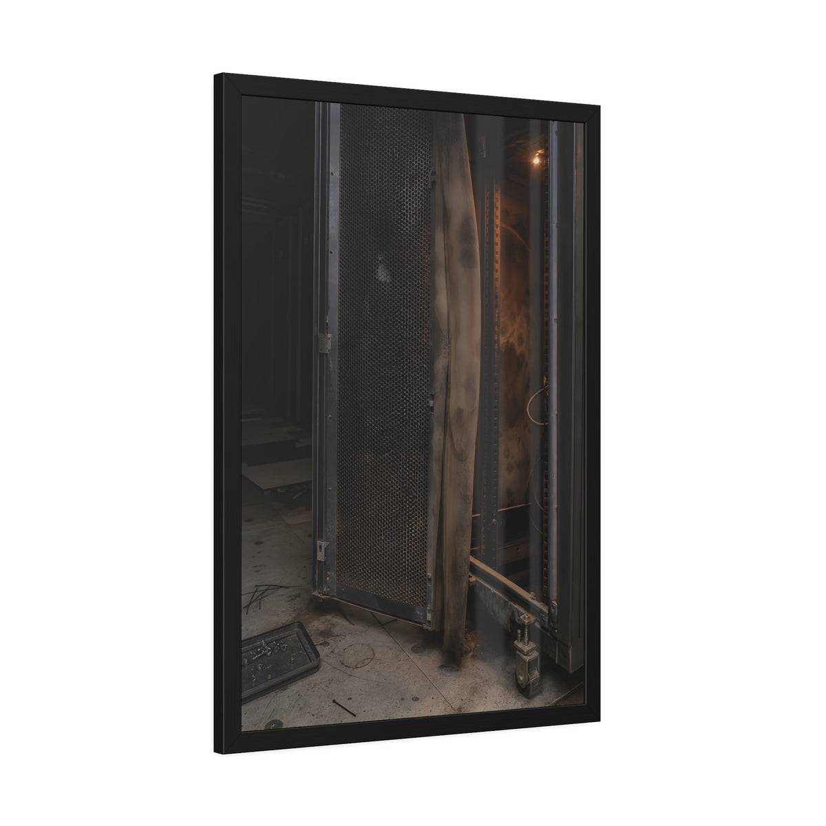 An open server rack cabinet with a mesh door and warm glow inside. The Heat Behind the Doors by Garabaggio, framed fine art print hanging in a room.