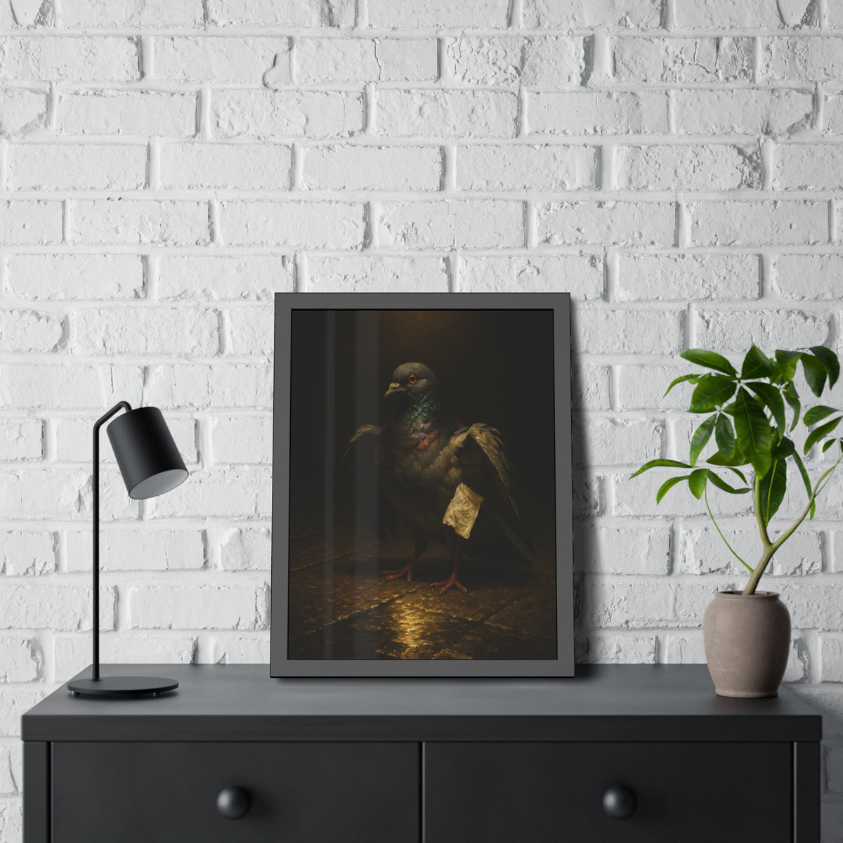 A pigeon with wings half raised, a paper scrap at its side. The Annunciation of the Common Pigeon by Garabaggio, framed fine art print hanging in a room.