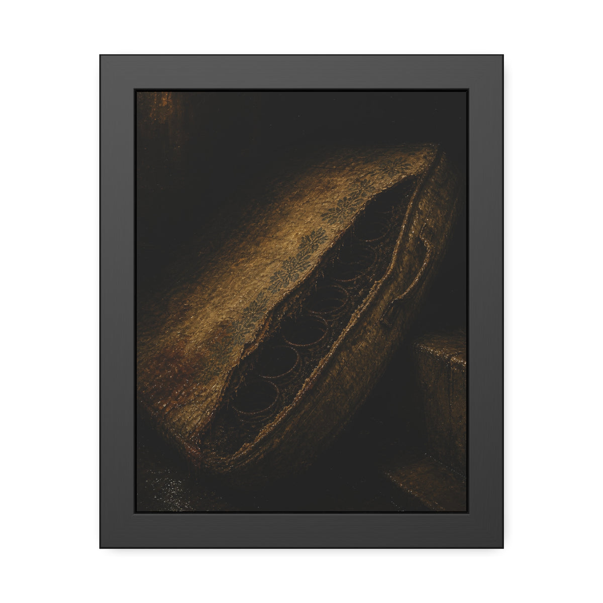 A torn mattress propped on its side, coil springs showing through the split. The Showing of the Springs by Garabaggio, framed fine art print, 11″ x 14″.
