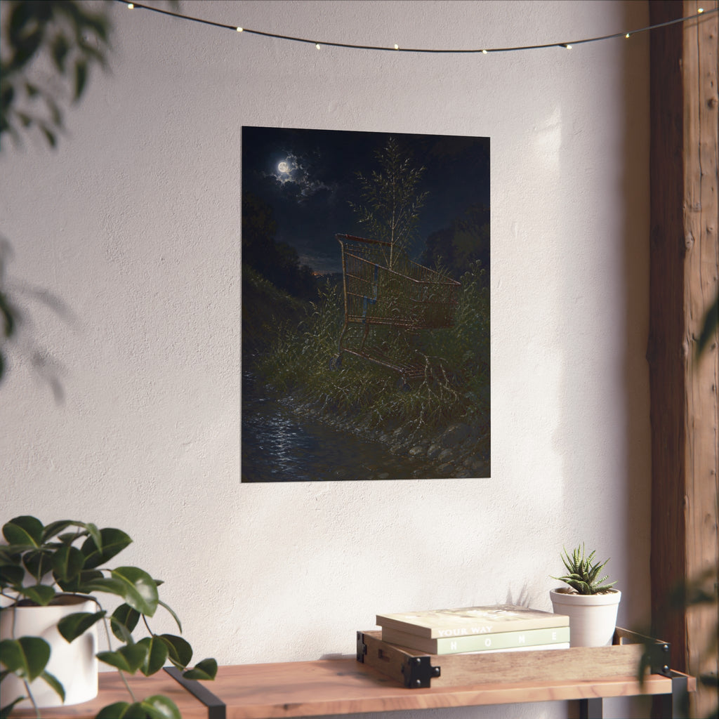 A shopping cart in creekside weeds with a sapling growing up through it. The Cart Grown Through by Garabaggio, fine art print hanging in a room.