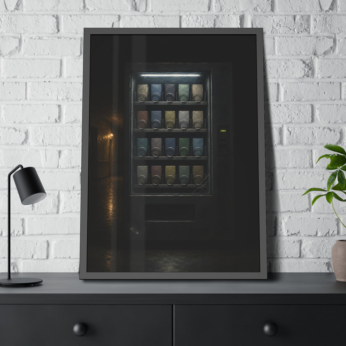A fully stocked lit vending machine at the end of a dark corridor. The Full Grid at Closing by Garabaggio, framed fine art print hanging in a room.