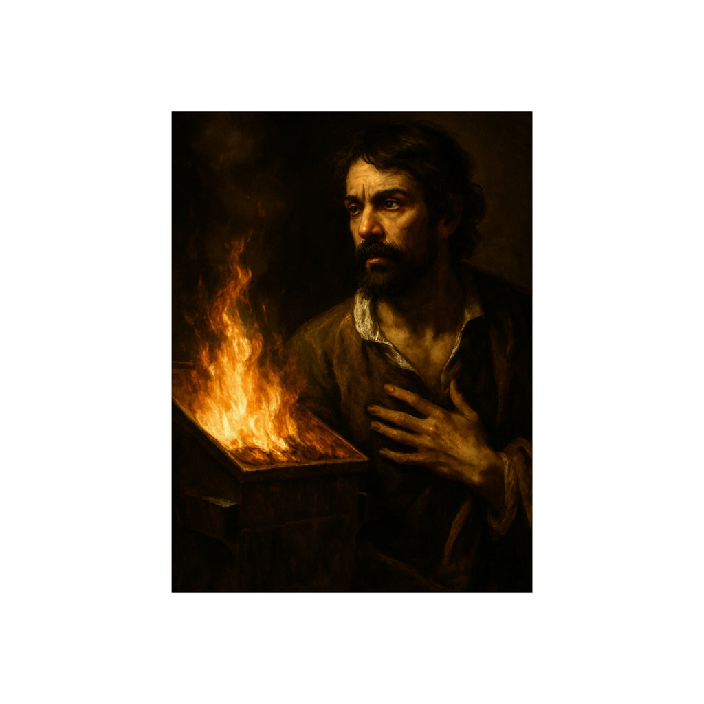 Man with a hand flat on his chest looking toward a low burning bin. Self-Portrait with Oath by Garabaggio, fine art print, 12″ x 16″.