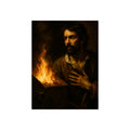 Man with a hand flat on his chest looking toward a low burning bin. Self-Portrait with Oath by Garabaggio, fine art print, 12″ x 16″.
