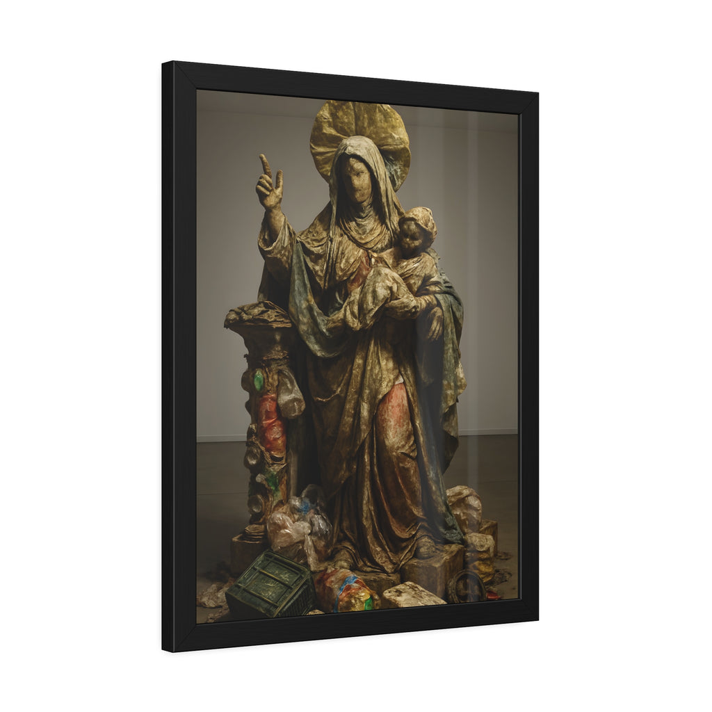 A standing veiled figure holding a child, refuse piled around the base. The Virgin of the Landfill by Garabaggio, framed fine art print hanging in a room.
