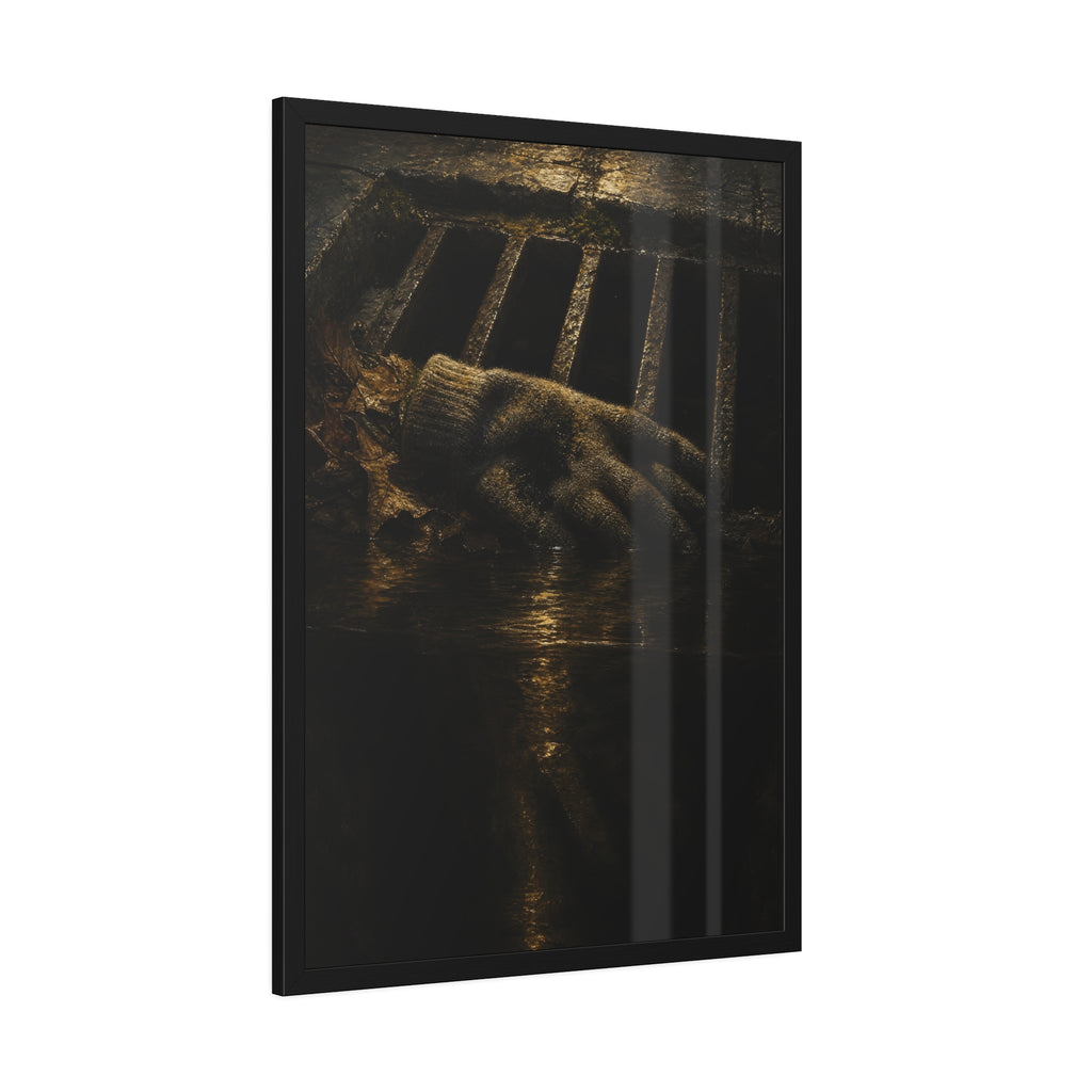 A single work glove on a storm drain grate above dark standing water. The Descent Into the Drain by Garabaggio, framed fine art print hanging in a room.