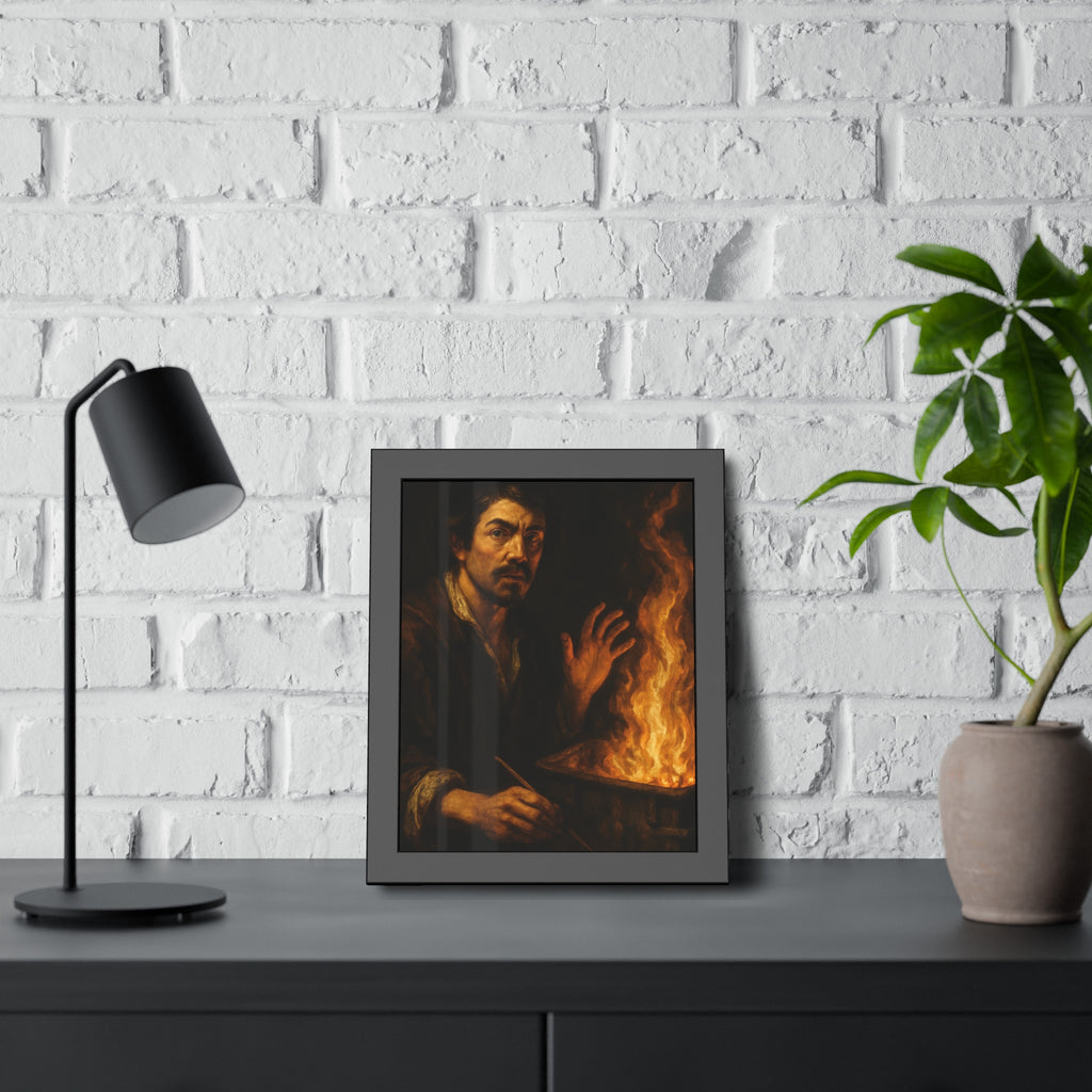 Man holding a paintbrush, his other hand raised beside tall flames. Self-Portrait with Brush and Flame by Garabaggio, framed fine art print hanging in a room.