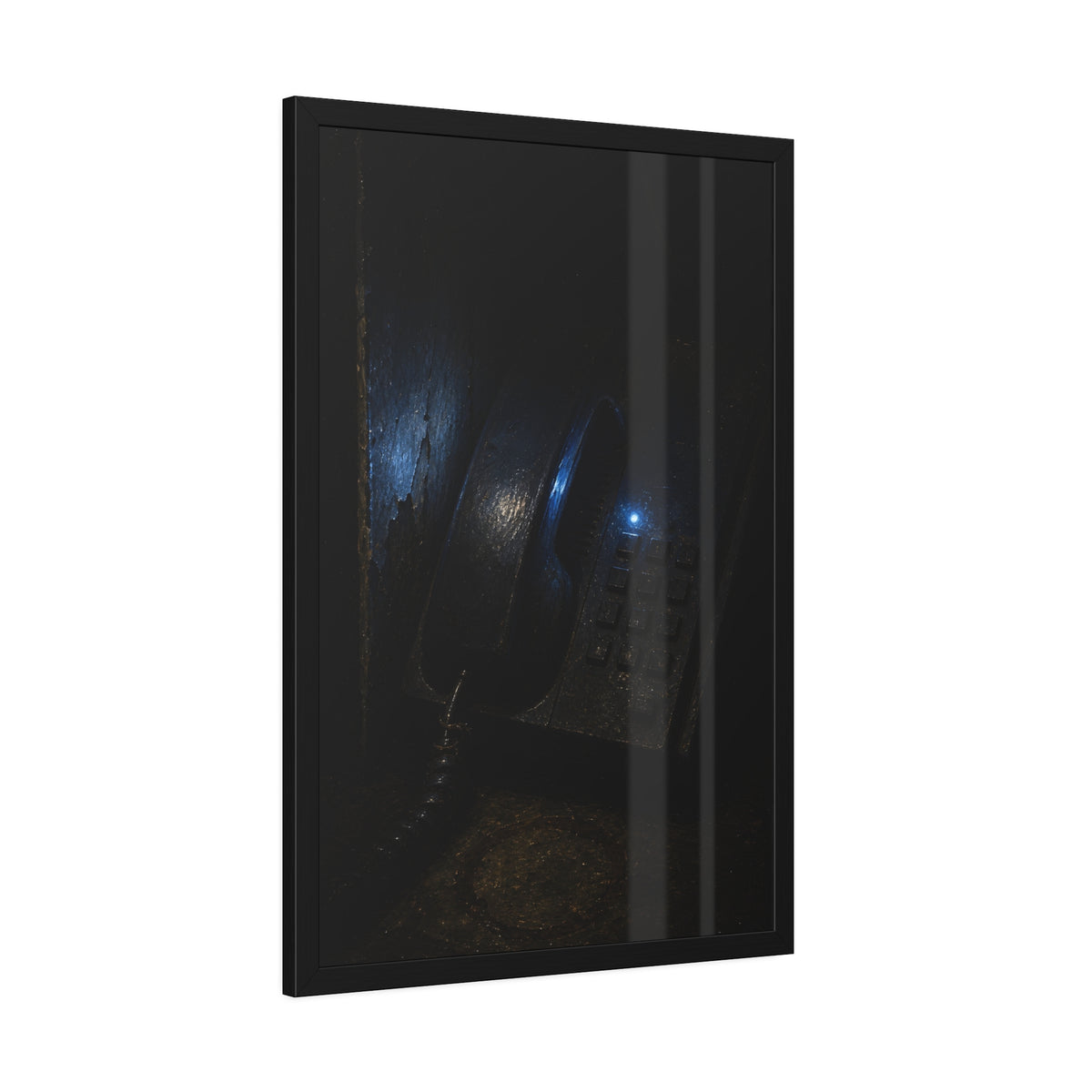 A grimy wall telephone in darkness with one small blue indicator light. The Night Queue by Garabaggio, framed fine art print hanging in a room.