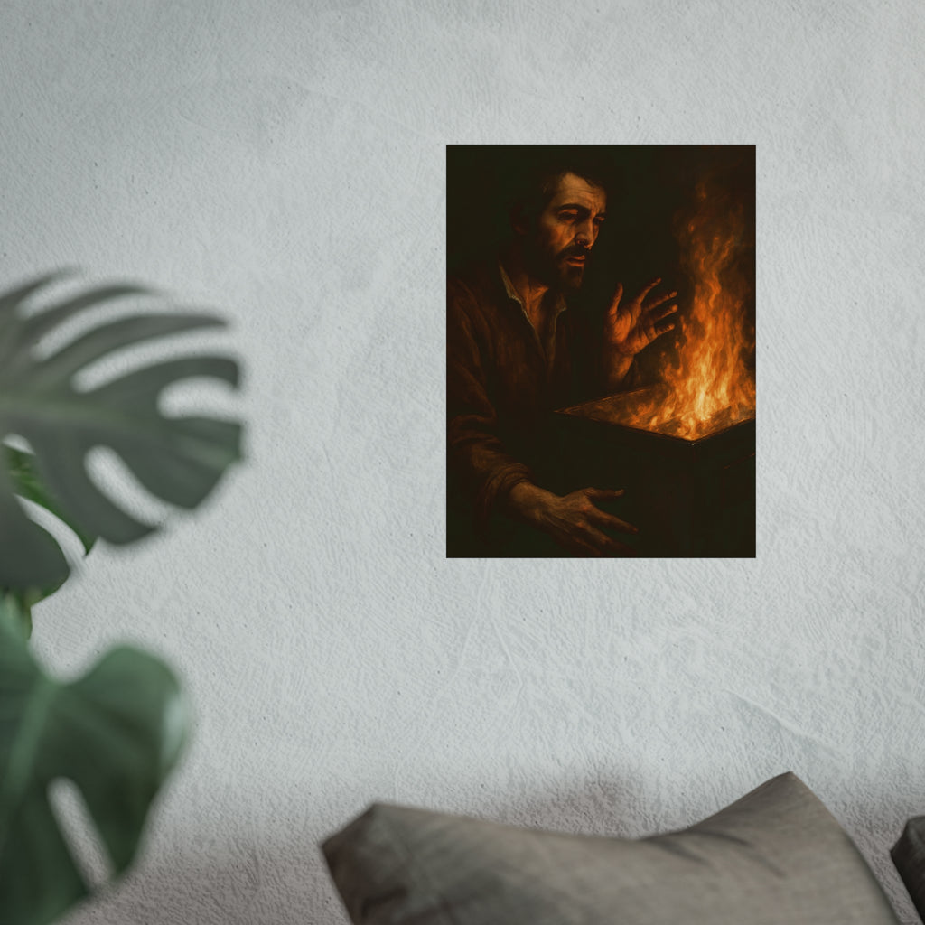 Man holding both hands toward the flames of a burning dumpster. Self-Portrait Warming the Hands by Garabaggio, fine art print hanging in a room.