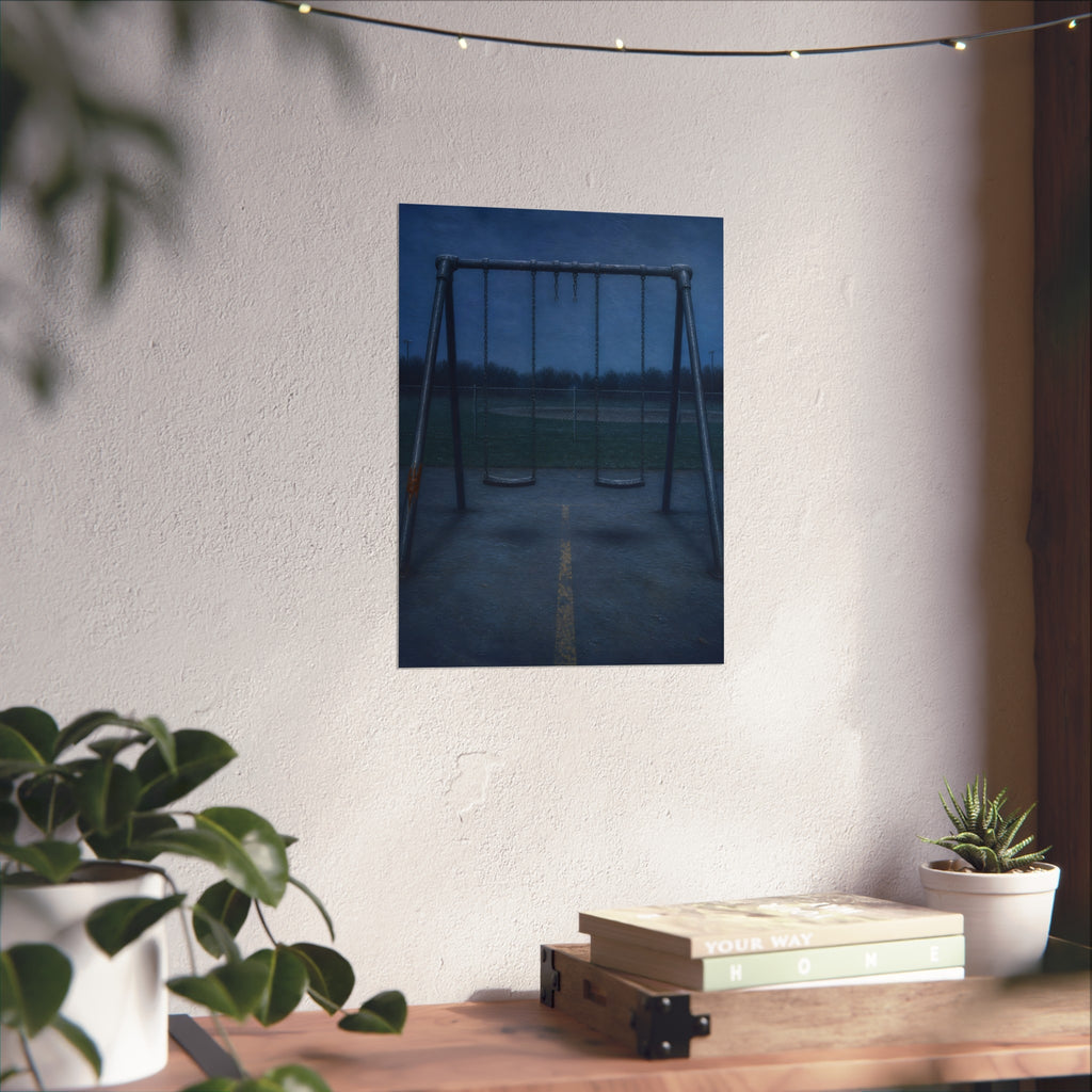 A swing set at dusk with two seats hanging straight. The Sixth Hour: The Seat Hanging Straight by Garabaggio, fine art print hanging in a room.
