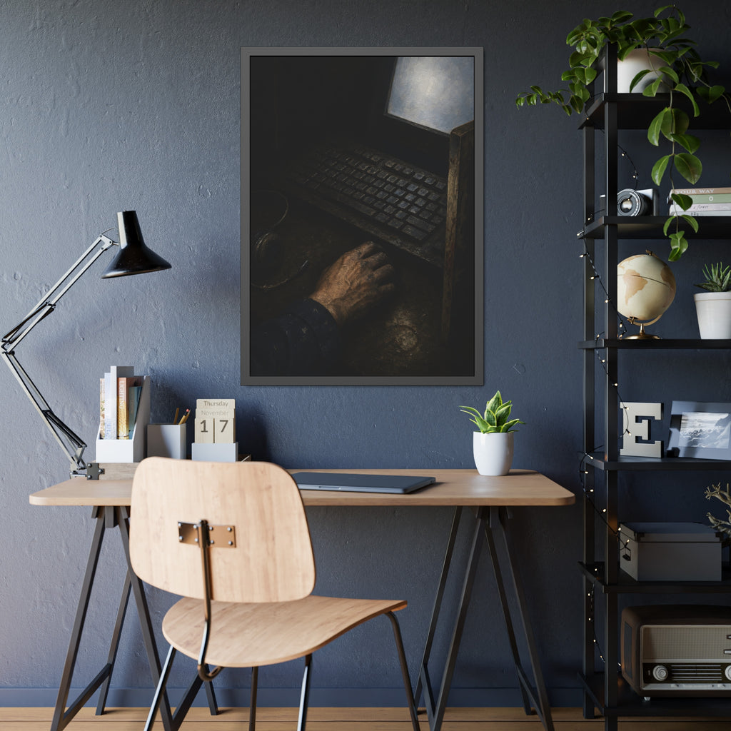 A hand on a mouse beside a grimy keyboard and a pale glowing screen. Login Before Dawn by Garabaggio, framed fine art print hanging in a room.
