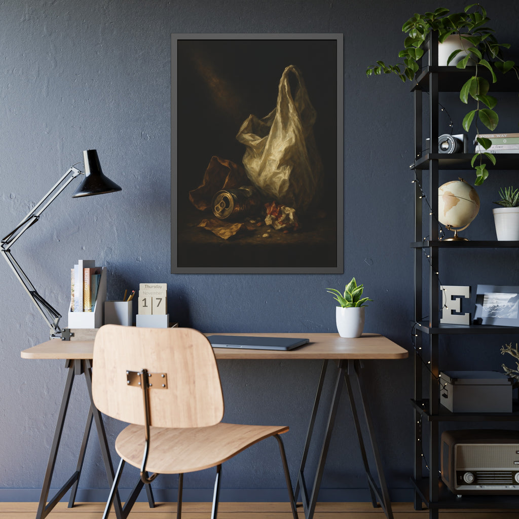 A white plastic bag standing upright in a shaft of light. The Annunciation of the Plastic Bag by Garabaggio, framed fine art print hanging in a room.