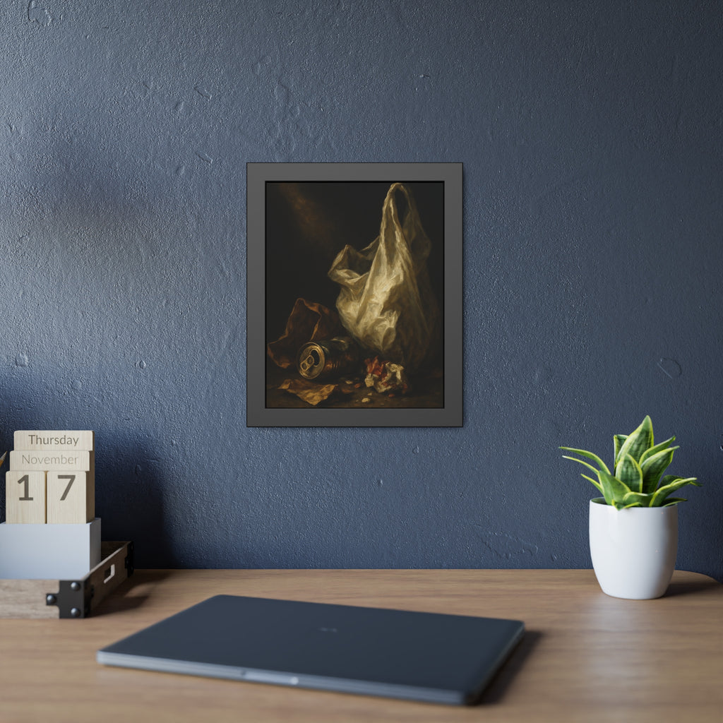 A white plastic bag standing upright in a shaft of light. The Annunciation of the Plastic Bag by Garabaggio, framed fine art print hanging in a room.