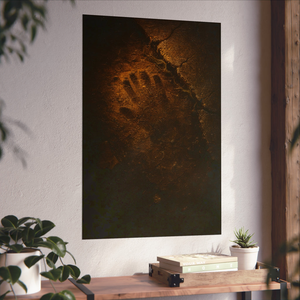 A glove shaped imprint left in cracked asphalt under warm light. The Assumption, or: What Remains by Garabaggio, fine art print hanging in a room.