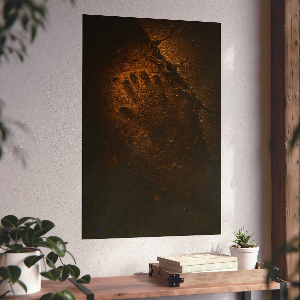A glove shaped imprint left in cracked asphalt under warm light. The Assumption, or: What Remains by Garabaggio, fine art print hanging in a room.