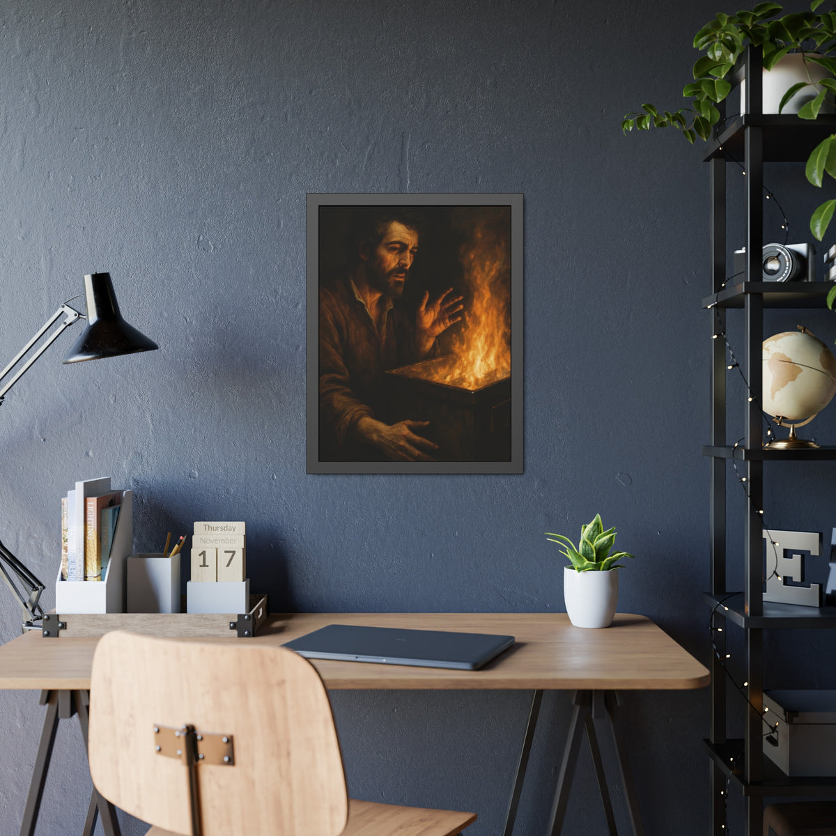 Man holding both hands toward the flames of a burning dumpster. Self-Portrait Warming the Hands by Garabaggio, framed fine art print hanging in a room.