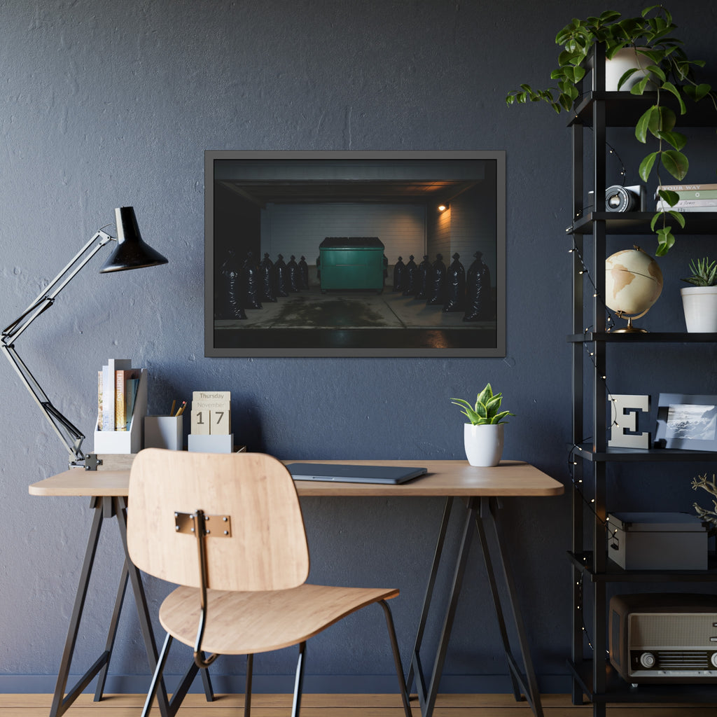 A green dumpster flanked by rows of black garbage bags under a lamp. Night Watch of the Loading Dock by Garabaggio, framed fine art print hanging in a room.