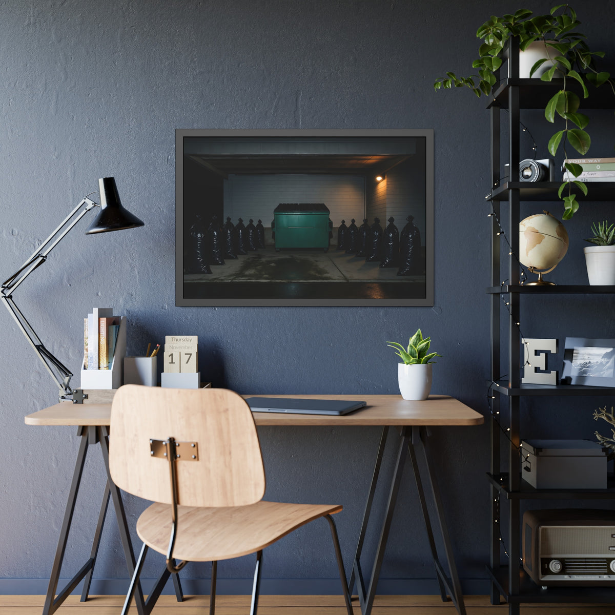 A green dumpster flanked by rows of black garbage bags under a lamp. Night Watch of the Loading Dock by Garabaggio, framed fine art print hanging in a room.