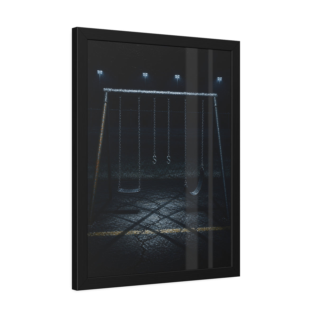 An empty swing set at night, chains still, floodlights far behind it. The Tenth Hour: The Chains Settle by Garabaggio, framed fine art print hanging in a room.