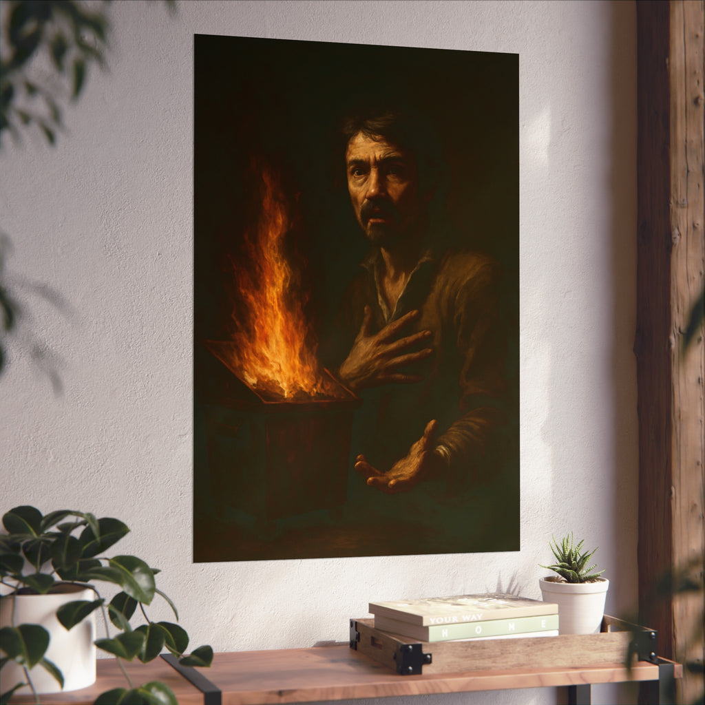 Man reaching an open palm toward a dumpster fire at his left. Self-Portrait as the Doubting Thomas by Garabaggio, fine art print hanging in a room.